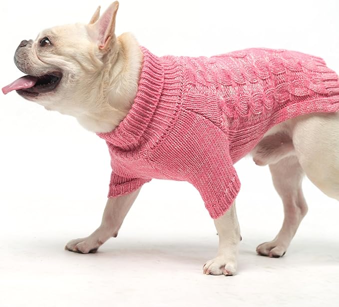 KOOLTAIL Dog Sweater for Large Medium Small Dogs, Fall Dog Sweaters, Turtleneck Cable Knitwear Pet Cold Weather Coats with Leash Hole, Warm Winter Pullover Clothes for Bulldog, Yorkie,Boy Girl,Pink SM