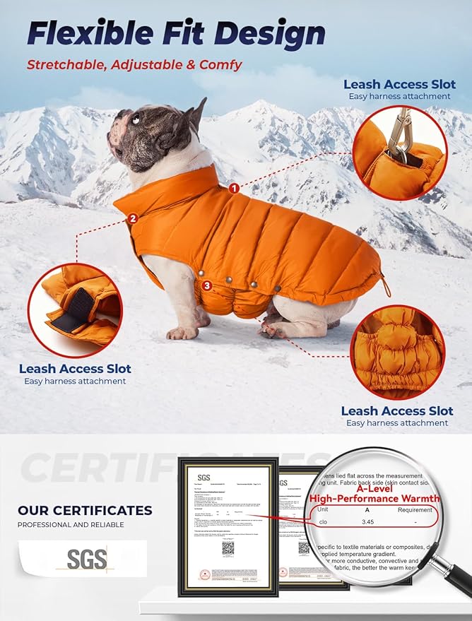 SPACE LION Dog Puffer Jacket, Down Winter Coat, Durable Outdoor Coat for Cold and Windy Conditions, Lightweight & Adjustable Fit Coats for Small & Medium Dogs, (Orange, Size 12 Gift Box)