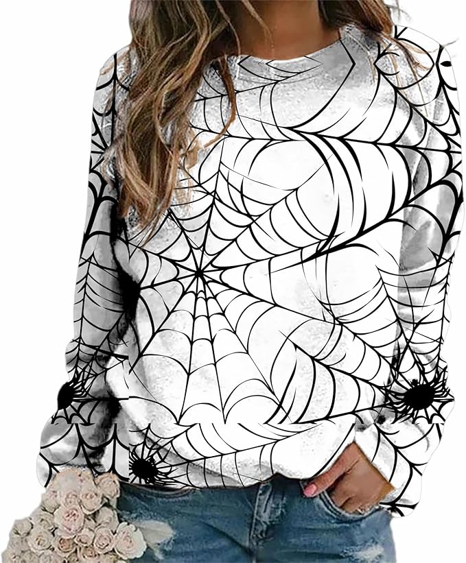 MARSVOVO Fall Sweatshirt for Women Novelty Spider Web Shirt Dressy Casual Crewneck Tunic Tops Spring Graphic Pullover