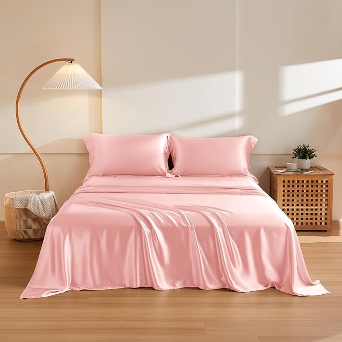 THXSILK Silk Sheet Set 4Pcs, 6A+ Top Grade 100% Natural Mulberry Silk Bed Sheets, Luxury Bedding Sets Ultra Soft Durable, 1 Fitted Sheet, 1 Flat Sheet and 2 Pillow Shams (Queen, Charming Pink)