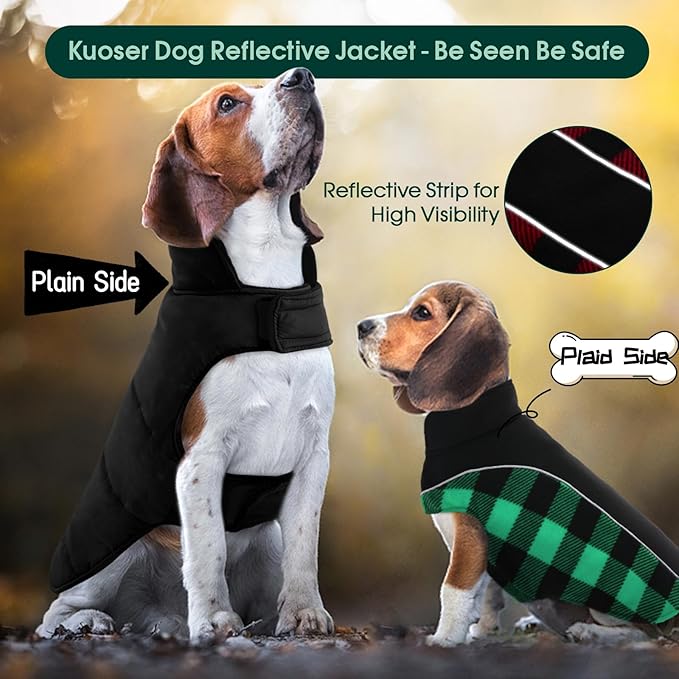 Kuoser Dog Winter Coat, Reversible Waterproof Dog Jacket with Reflective Strip, Warm Dogs Fleece Vest Adjustable Doggy Cold Weather Clothes Plaid Christmas Outfit Pet Apparel for Small Dogs, Green XS