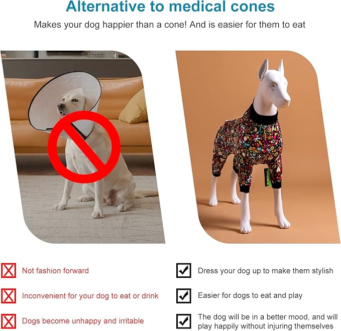 LovinPet Pet Pajamas for Pit Bulls, Full Coverage Dog Pjs with Black Trim, Decoupage Ink Print, Post Surgery Shirt, UV Protection, Pet Anxiety Relief Shirt, Large Dog Jammies, Pitbull Clothes, M