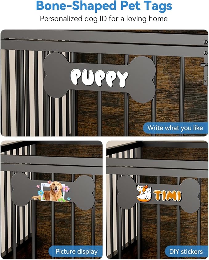 Petrova 72" Tall Dog Crate Furniture with Storage Shelves, 39" Heavy Duty Wooden Dog Kennel Indoor for Medium Dogs, Decorative Dog Cage with Charging Station, LED Light, 2 Drawers, Wheels