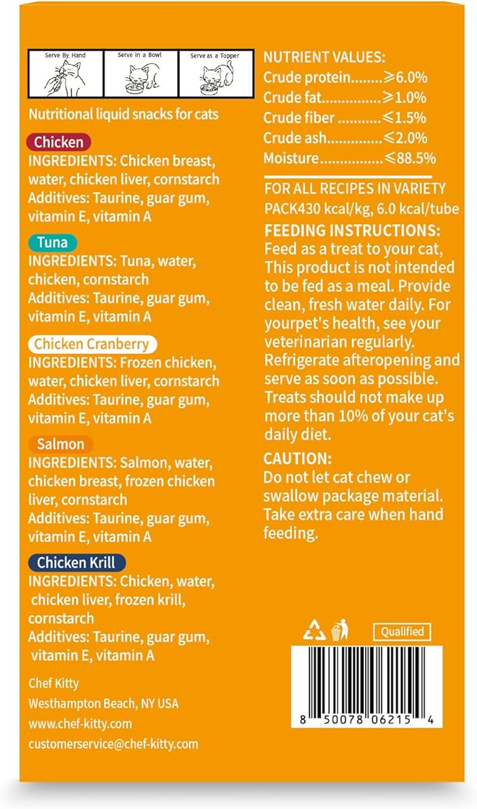 Chef Kitty Purée Pops, Cat Treats, Grain-Free, Lickable, Squeezable Creamy Cat Treat/Topper with Vitamin E & Taurine, 0.5 Ounces Each Tube, 20 Tubes, Chicken and Seafood Mix Variety