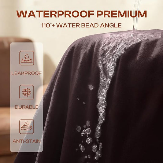 Luciphia 100% Waterproof Blanket for Adults or Medium Large Dogs, Soft Polar Fleece Pet Blankets for Bed Couch Protector Washable, Reversible Leakproof Furniture Protection,Brown Cream,65x57 inch