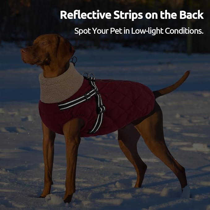 Queenmore Dog Winter Jacket, Dog Coats for Large Dogs, Warm Cozy Pet Jacket Winter with Harness Built in, Waterproof Pet Snow Jacket, Thick Fleece Lining Snowsuit for Large Dogs, Burgundy L