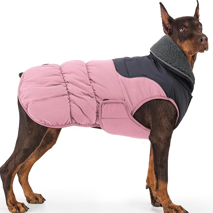EMUST Dog Coats for Medium Dogs M, Waterproof Dog Jacket with Reflective Strips, Warm Pet Vest Snowsuit with Foldable High Collar for Cold Winter, Pink