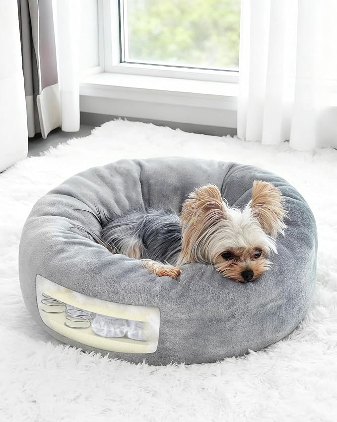 Donut Dog Bed with Pocketed Coils and Soft Foam Support, Detachable Washable Calming Puppy Bed for Small Dogs, Round Flannel Anti-Anxiety Pet Bed, 20 in, Gray