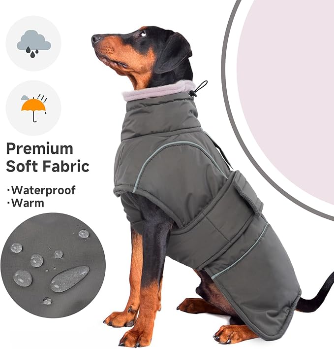 Dog Winter Coat for Small to Large Dogs(XS-XXXL)– Waterproof Windproof Fleece Lined Jacket with Reflective Trim,Pet Vest with Adjustable Buckles, Machine Washable Grey S