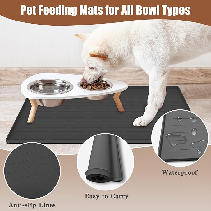 18"x12" Dog Food Mat, Silicone Dog and Cat Mats for Food and Water Bowls, Waterproof Raised Edge Pet Feeding Mat for Contain Spills Protects Floors, Multiple Colors & Sizes for Pets, Brown