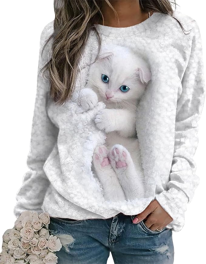 TIAFORD Womens Cute Cats Graphic Crewneck Sweatshirt Winter Trendy Casual Plus Size Long Sleeve Shirt for Cats Lovers