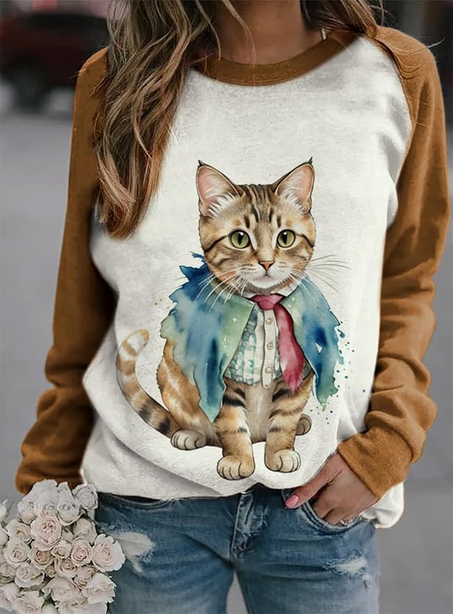 IVERIRMIN Womens 3D Cat Crewneck Sweatshirts Casual Cute Long Sleeve Shirts Pullover Tops Graphic Loose Fit Sweater for Women