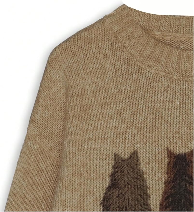 WDIRARA Women's Cat Graphic Sweater Long Sleeve Crew Neck Knit Tops Casual Knitwear
