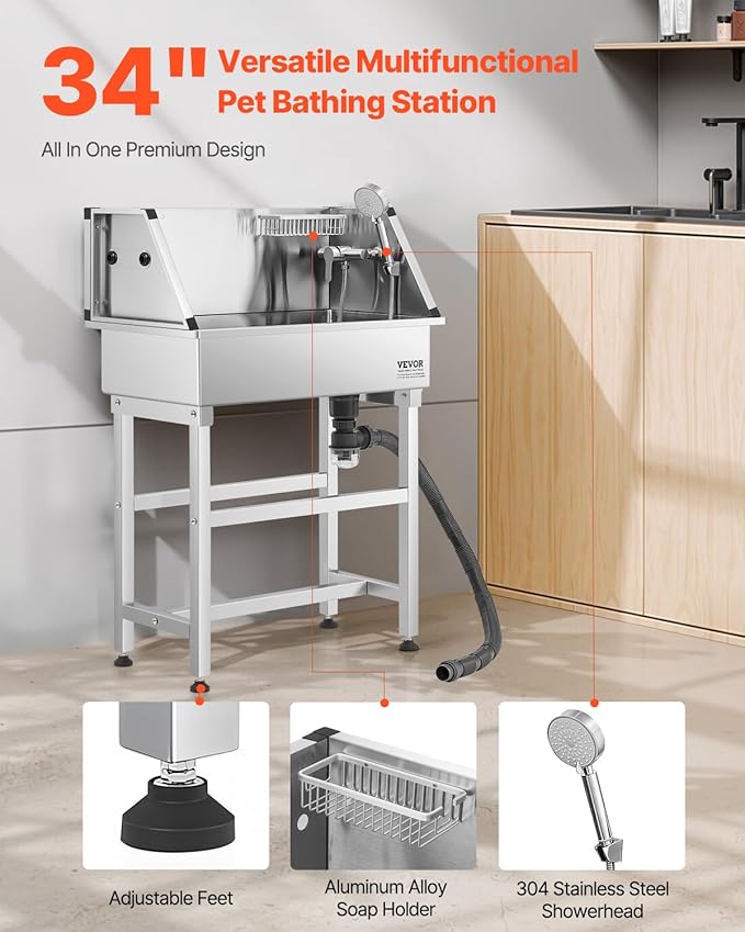 VEVOR 34 Inch Stainless Steel Dog Washing Station, Pet Grooming Tub with Hot & Cold Faucet, Showerhead, Storage Rack, No-Bend All-in-One Bathtub, Home Wash Sink, Fits Small Cats and Dogs