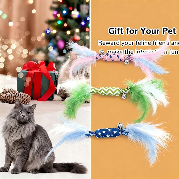 CealumVita Catnip Toy Candy Shape with Bright Colors Feathers & Bell, Kicker Chew Toy for Indoor Cats, Enrichment Toys for Bored Kittens & Adult Cats, 3-Pack Crinkle Plush Toys for Teething and Play