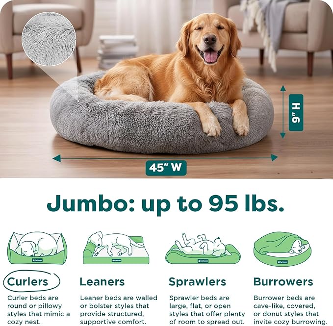 FurHaven 45" Calming Donut Dog Bed for Large Dogs, Round Plush Donut with Soft Filling for Snuggling Comfort, Removable Washable Cover, Jumbo/XL, Shaggy Faux Fur, Mist Gray