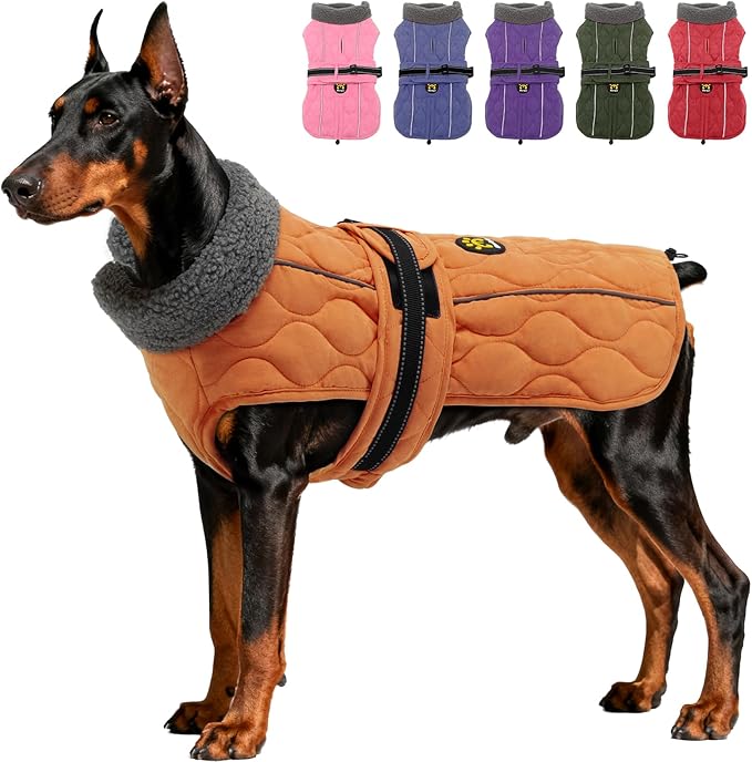 Dog Winter Coat, Adjustable Quilted Dog Snow Jacket with Fleece Lining, Water Resistant Pet Apparel for Cold Weather, Warm Large Doggie Coat with Leash Hole and Reflective Strip, NewOrange L