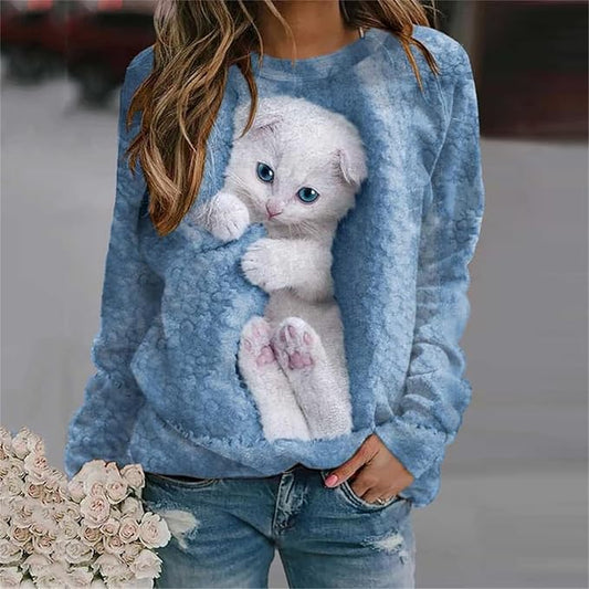 IVERIRMIN Women's 3D Cute Cat Print Sweatshirt Casual Long Sleeve Crewneck Cute Cat Pullover Loose Fit Shirts