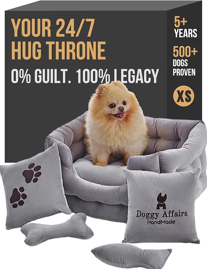 Luxury Dog Bed Chesterfield – Handcrafted Velvet Throne for Dogs | Joint Support, Calming & Temp-Regulating Comfort | Durable 5+ Years, Anti-Claw, Washable 100+ Times – XS, Gray