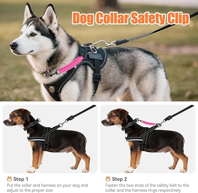 Dog Collar Safety Clip, Collar Companion, Handmade Backup Safety Strap, Double-Ended Clip Leash Connector, Suitable for Dog Harnesses, Prong, Pinch Collars (Pink + Orange, 2 Pack)