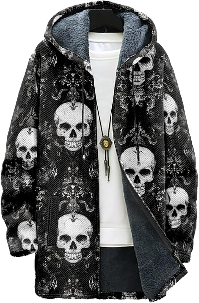 MARSVOVO Cool Hippie Long Cardigan Hoodies for Men Zipper Fleece Lined Knit Coat Skull Animal Print Graphic Jackets