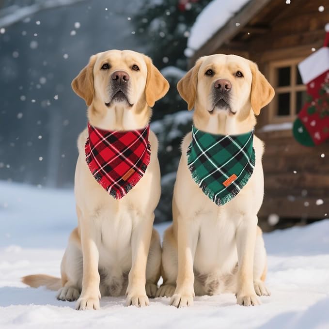 PTDECOR Christmas Dog Bandanas with Tassels Edges, 2 Pack Stylish Red Green Plaid Scarf Bibs, Premium Cotton Fabric, Reversible Triangle Christmas Bandanas for Extra Large Dogs (X-Large)