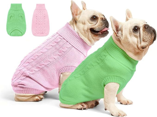 2 Pack Dog Sweaters for Small Dogs - Puppy Medium Warm Clothes in Winter, Turtleneck Pullover Design for Boy Girl Pet, Doggie, Cat, Kitten Chihuahua Bulldog Pug Beagles (XS, Pink, Green)