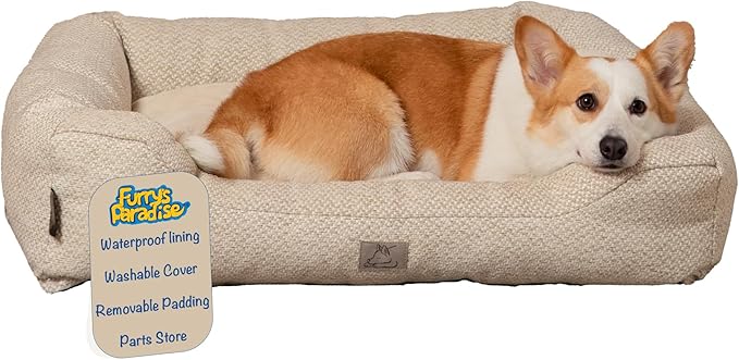 Furry's Paradise Cuddler Waterproof Bolster Pet Bed with Recycled Fibers and Non-Slip Bottom. (Beige Weave, Medium)