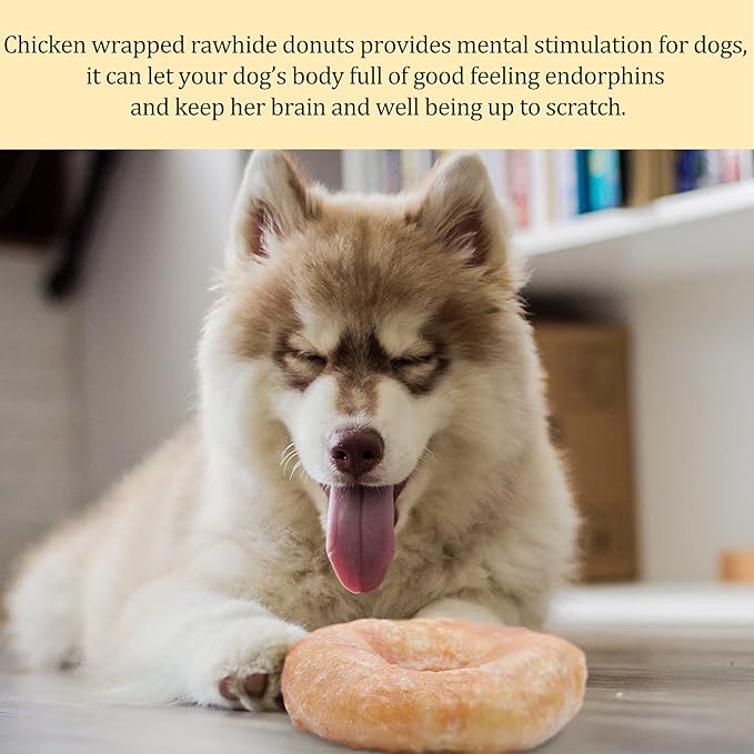 Dog Treats Large Breed, Chicken Wrapped Rawhide Donut Rings, Rawhide Dog Chews Long Lasting, Grain Free Training Snacks with Taurine for Medium Large Dogs, 4 Counts
