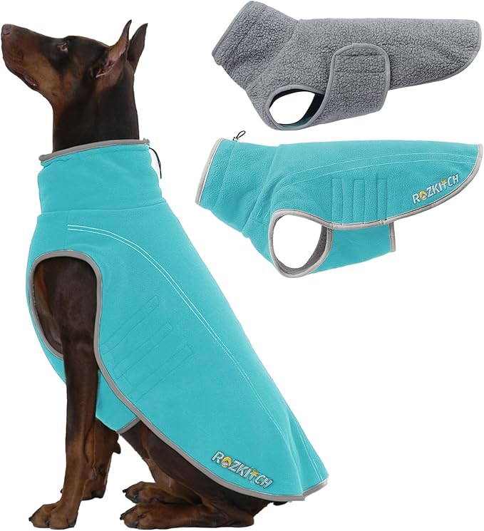 ROZKITCH Reversible Dog Coat Great Dane Fleece, Reversible Fleece Dog Cold Weather Coats, Warm Snowsuit Jacket Pet Clothes for Large Giant Breeds Bluegreen 4XL
