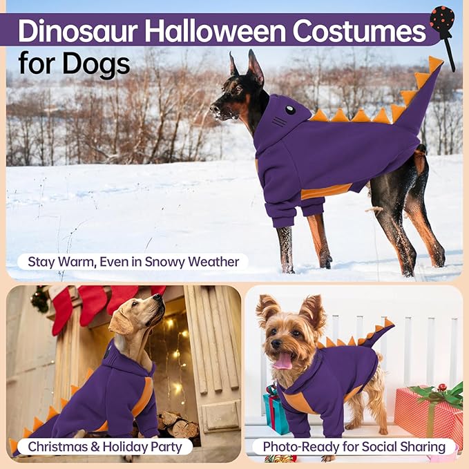 QBLEEV Dog Dinosaur Winter Coat, Warm Soft Knit Pullover Jacket with Hood for Cold Weather, Cozy Fleece-Lined Sweatshirt with 3D Dino Spikes, Stretchy Cute Pet Outerwear for Small Medium Large Dogs