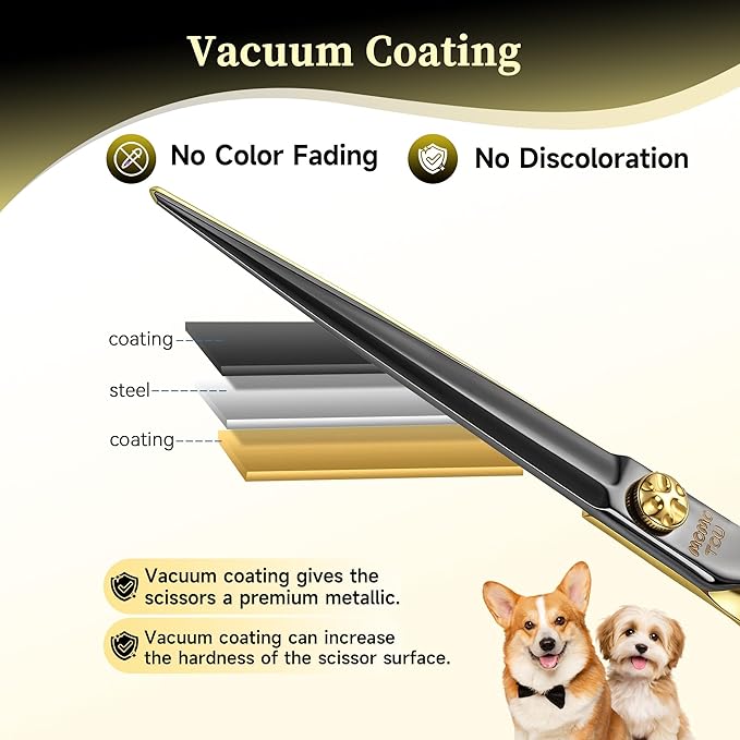 7.5'' Straight Dog Grooming Scissors CNC 440C Blades Sharp and Durable Dog Shears Black and Gold Pet Scissors Smooth Cutting Easy to Use for Professional Groomer