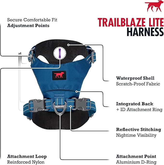 Tuff Pupper All-Day Wear Dog Harness | for Walking, Trail Running, Hiking | Front & Back Leash Clips | Reflective Trim | Easy On/Off Buckles | Lightweight Breathable | No Pull Design (L/XL, Blue)