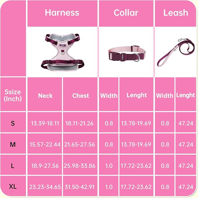 No Pull Dog Harness Leash and Collar Set, Adjustable Dogs Vest with Reflective Strip Soft Handle for Small Medium Large Sized DogPink