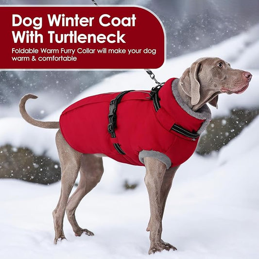 AOFITEE Dog Coat, Warm Dog Jacket Winter, Waterproof Dogs Winter Coat with Harness & Zipper, Reflective Turtleneck Fleece Pet Puffer Jacket Snowsuit for Jack Russel, Boston Terrier, Christmas Red M