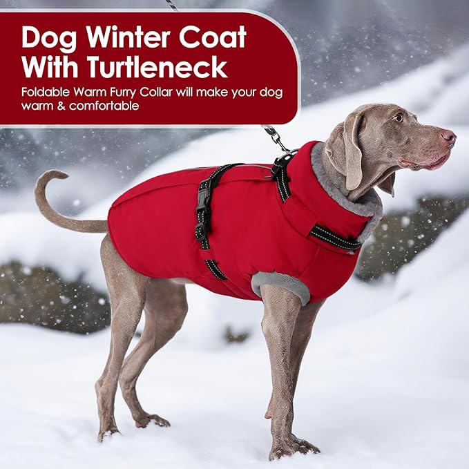 AOFITEE Dog Coat for Large Dogs, Warm XL Dog Jacket Winter, Pet Winter Coat with Harness Built in, Fleece Puffer Jacket Waterproof Reflective Snowsuit for Extra Large Dogs, Christmas Red XL