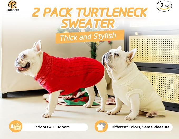 2 Pack Dog Sweaters for Small Dogs - Puppy Medium/Large Warm Clothes in Winter, Turtleneck Pullover Design for Boy Girl Pet, Doggie, Cat, Kitten Chihuahua Bulldog Pug Beagles (3XL, Red, Beige)