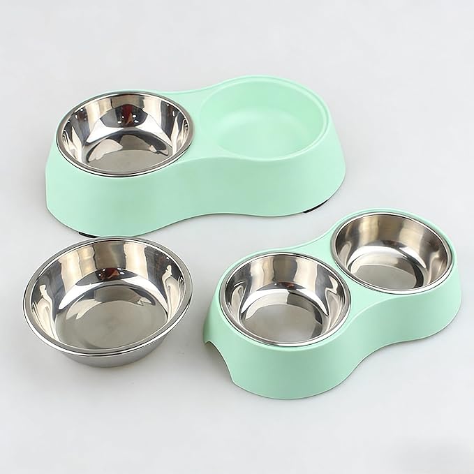 Small Green Double Pet Bowl – Non-Slip Stainless Steel Food & Water Set for Cats, Kittens & Small Dogs, BPA-Free Mess-Free Feeding Dishes