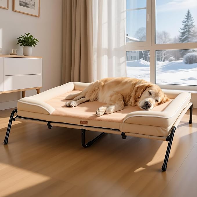 Lekereise Raised Dog Bed for Large Dog 46x33 Inch, Orthopedic Pet Beds with Waterproof Egg Crate Foam, Removable Dogs Couch Bed for Indoor Outdoor, 2-in-1 Design, Load 110lb, Beige