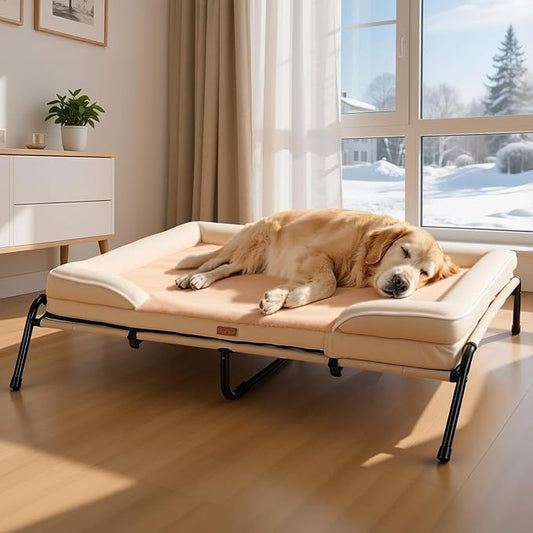 Lekereise Raised Dog Bed for Large Dog 46x33 Inch, Orthopedic Pet Beds with Waterproof Egg Crate Foam, Removable Dogs Couch Bed for Indoor Outdoor, 2-in-1 Design, Load 110lb, Beige