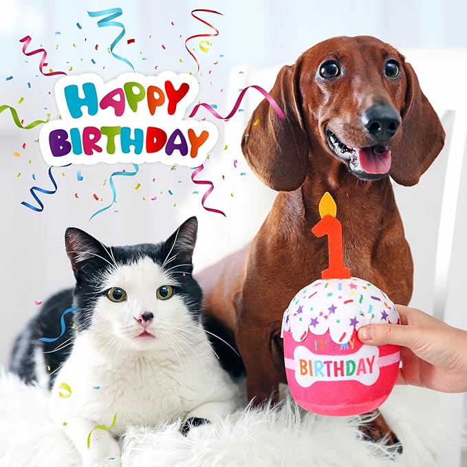 Dog Birthday Cake Toy Accessories for Girl Boy Gifts, Squeaky Plush Toy for Dog Birthday Party Decor Favor for Large, Medium and Small Dogs(1st,Pink)