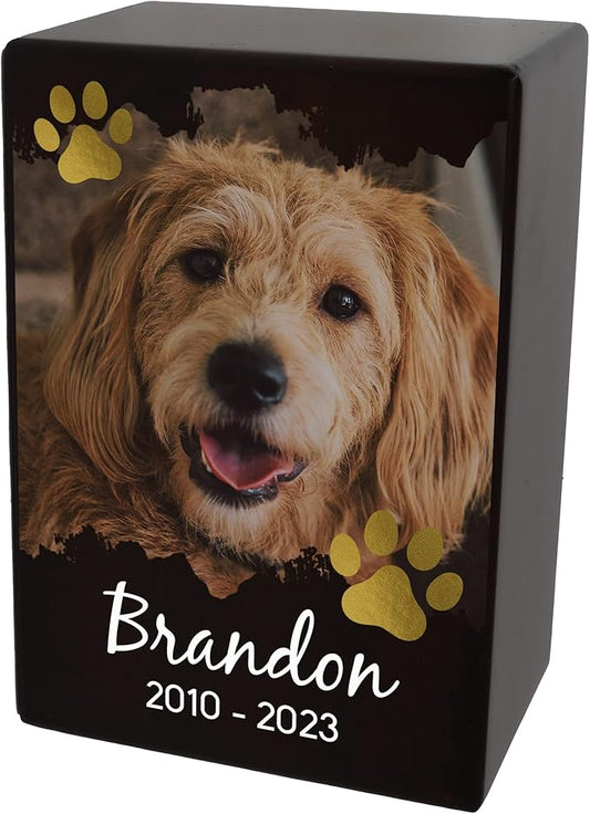 Custom Pet Keepsake Urns for Dogs, Wooden Box for Pet Ashes with Photo for Your Beloved Pets, Pet Cremation Urns as Sympathy Gifts for Pet Lovers - Small, 6" x 4" x 2.75" (Design 5)