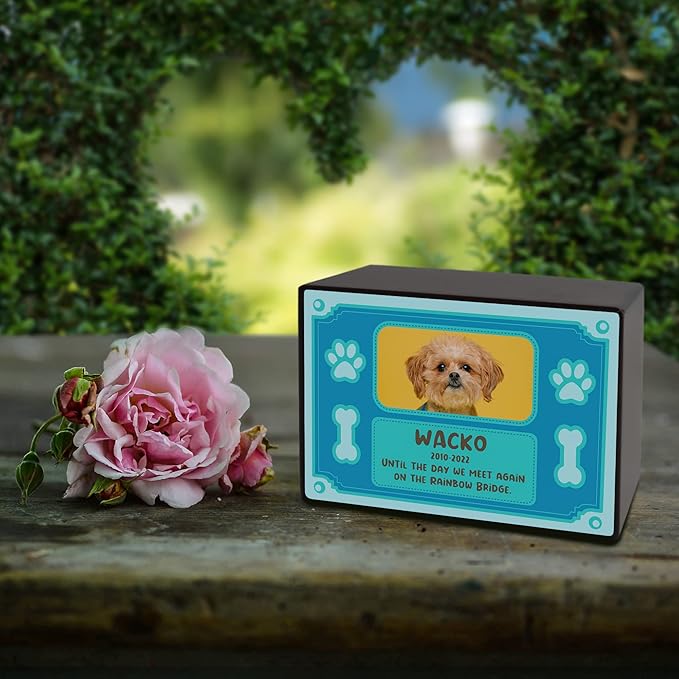 Custom Pet Keepsake Urns for Dogs, Wooden Box for Pet Ashes with Photo, Small, 6" x 4" x 2.75", Rosewood, Animal Print