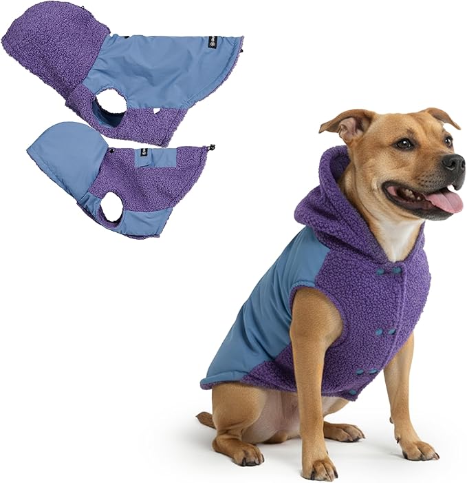 Spark Paws Reversible Fleece Dog Jacket, Hooded Sweater Vest, Warm Coat for Winter - Suitable for Small Medium Large XL XXL Dogs - Purple and Navy Blue - 2XL