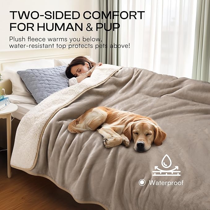 Luciphia Waterproof Pet Blanket, Liquid Pee Proof Dog Blanket for Sofa Bed Couch, Reversible Sherpa Fleece Furniture Protector Cover for Small Medium Large Dogs Cats, Khaki+Beige Small（40" x 28"）