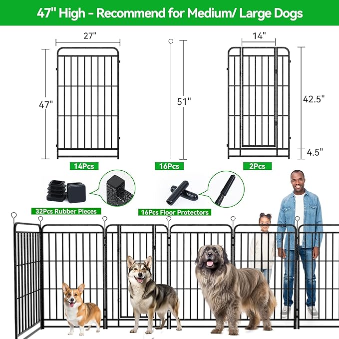 Dog Fence Outdoor 16 Piece Panels 47" Height, Square Steel Pipe with Reinforced Crossbars, Anti-Rust Heavy Duty Dog Playpen with Doors Portable for Yard RV Camping, Total 36FT, 103 Sq.ft, Snowy Black