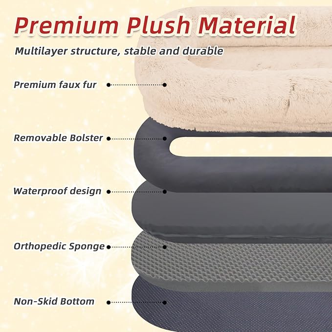 Human & Pet Bed - 71''x45''x12'' Washable Faux Fur, Orthopedic Dog Bed for Napping, Plump Pillow & Blanket, Strap - Beige