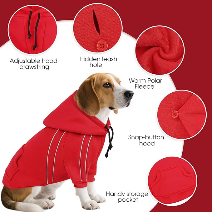 ASENKU Cozy Dog Hoodie，Soft Sweater with Adjustable Hood, Back Pocket and Leash Access Hole，Warm Reflective Sweatshirt for Cold Weather（Red，L