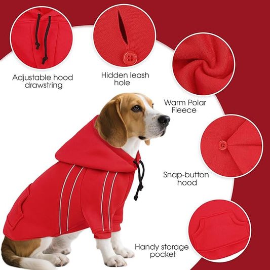 ASENKU Cozy Dog Hoodie，Soft Sweater with Adjustable Hood, Back Pocket and Leash Access Hole，Warm Reflective Sweatshirt for Cold Weather（Red，XL
