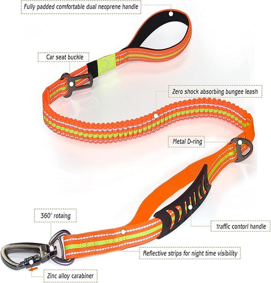 Heavy Duty Dog Leash Especially for Large Dogs Up to 150lbs, Reflective Dog Walking Training Shock Absorbing Bungee Leash with Car Seat Belt Buckle, 2 Padded Traffic Handle for Extra Control